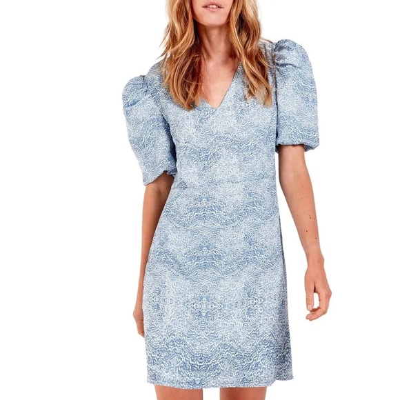 AS by DF Ischia Print Dress w/Puff Sleeves in Blue, Size M New w/Tag Retail $288 - Picture 7 of 11